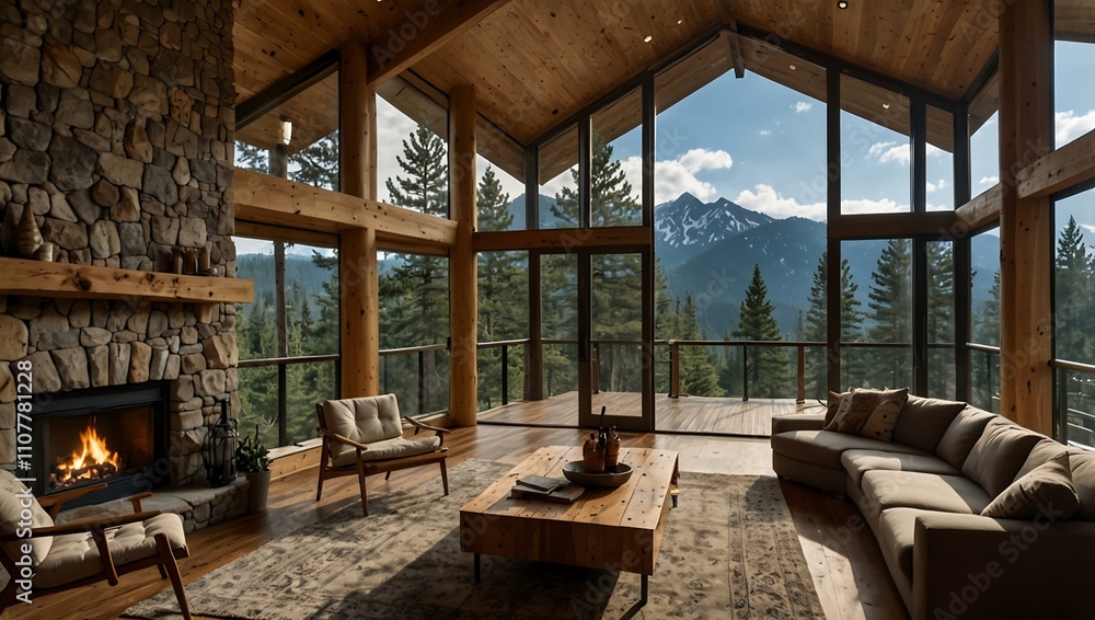 Fototapeta premium Mountain retreat with panoramic windows and deck.