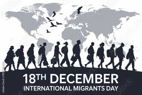 Migrants walk across world map for International Migrants Day. photo