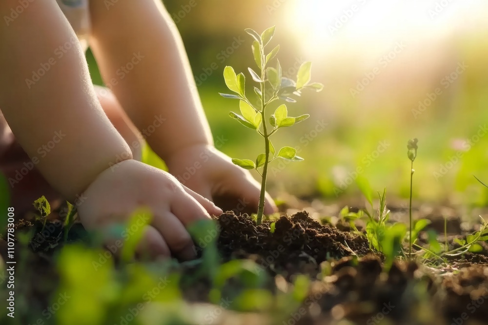 Fototapeta premium Baby planting young tree in fertile soil at sunset, promoting environmental awareness and sustainable future