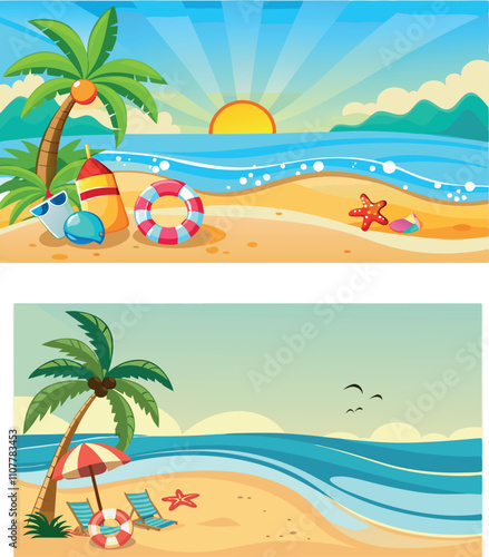 Tropical beach scenes with palm trees, sun and beach accessories