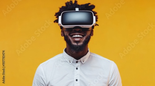 Black man experiencing virtual reality with vr glasses against a vibrant yellow technology background, showcasing immersive and futuristic digital experiences photo