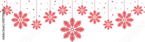 Elegant Christmas background with hanging red snowflakes on a white background for creating minimalist holiday designs, invitations, posters, banners. 