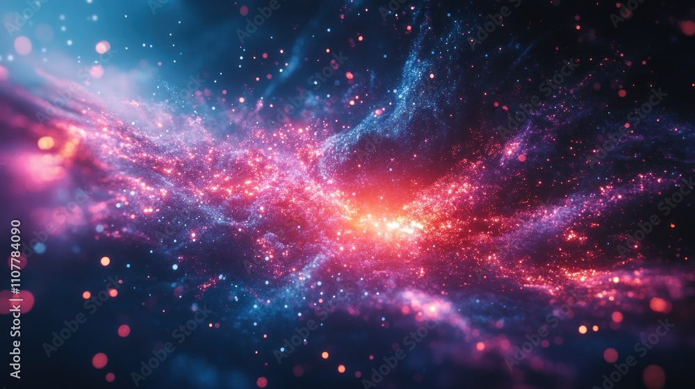Fototapeta premium Abstract cosmic nebula with red and blue glowing particles.