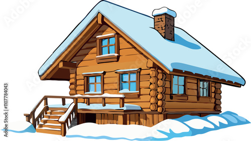 Wooden cabin covered in snow during winter season,