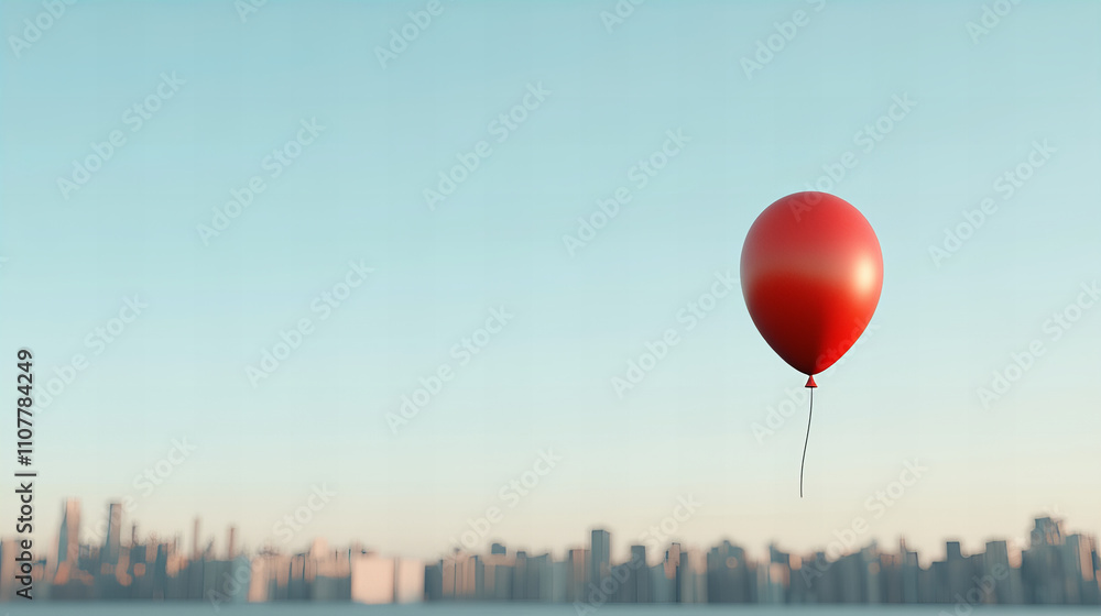 Fototapeta premium Red balloon floats serenely against a clear sky, symbolizing freedom above a distant city skyline