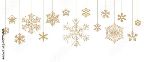 Vector illustration of delicate gold snowflakes hanging on a white background, ideal for elegant holiday and winter themes.