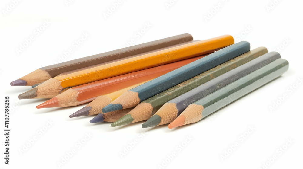 Fototapeta premium Close-up of eight colored pencils in earthy tones, arranged in a fanned pattern on a white background.