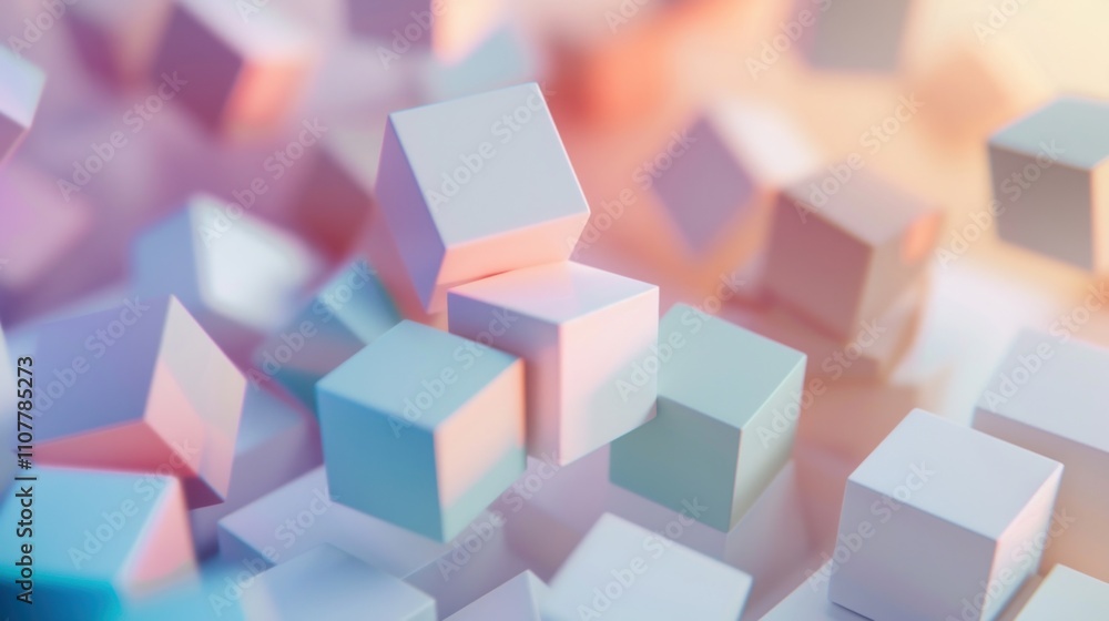 photograph of Clean, modern background with a scattering of geometric cubes in soft, muted colors and gentle gradients photograph of Clean, modern background with a scattering of geometric cubes in soft, muted colors and gentle gradients