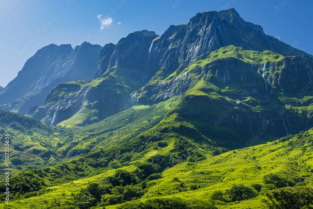Obraz premium A majestic mountain range towering above a lush green valley with cascading waterfalls