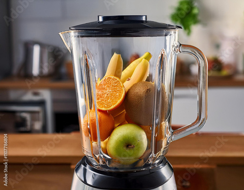 Tropical fruits being rapidly blended in the kitchen, creating a vibrant and smooth mixture of flavors in a high-speed blender. photo