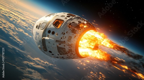A spacecraft re-entering Earth's atmosphere with flames and heat shielding visible.