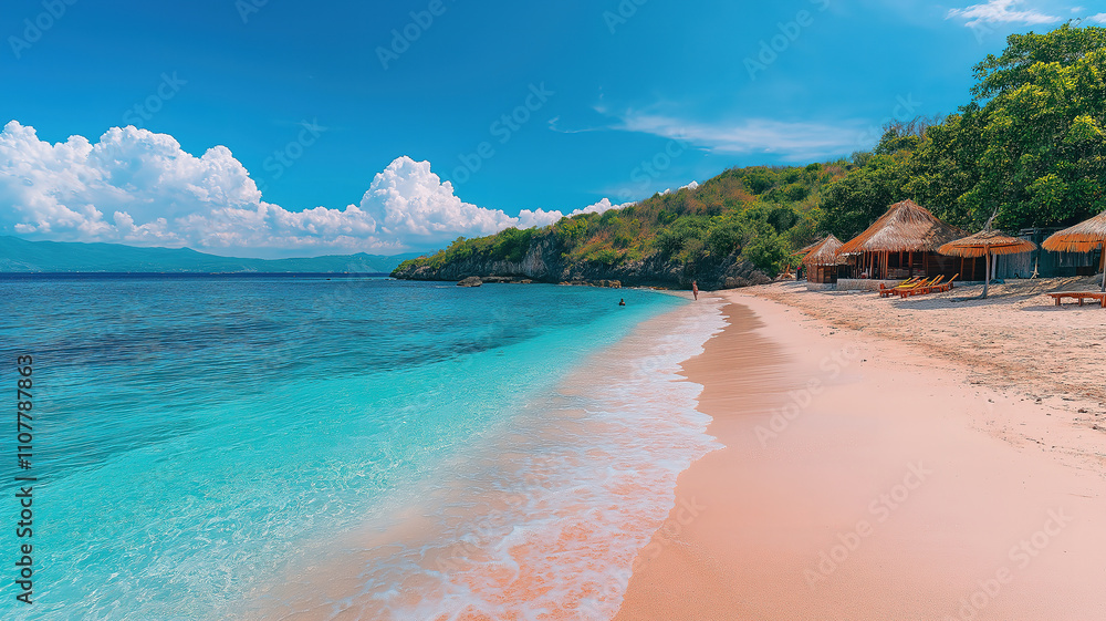 Obraz premium Panorama of a tropical beach with crystal-clear waters and soft white sands under a sunny sky