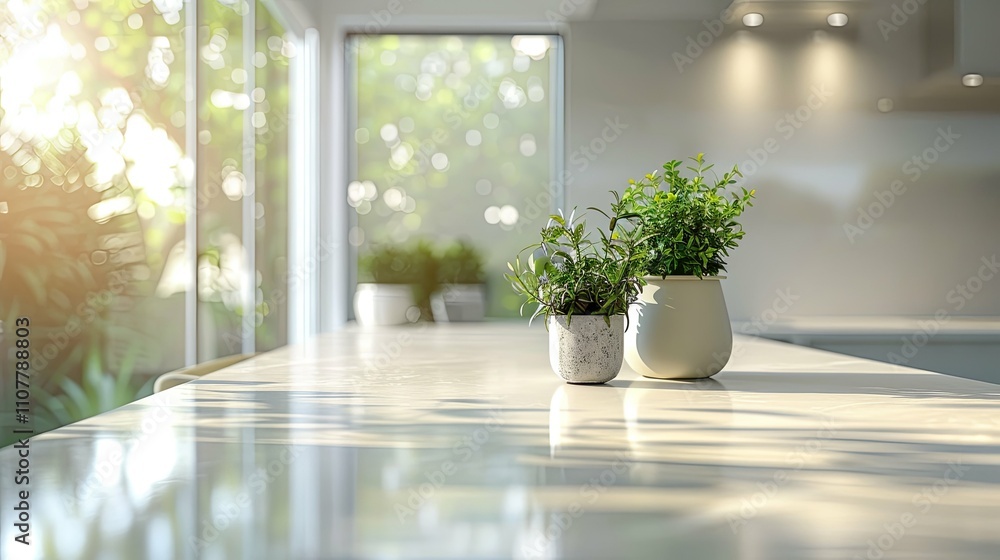 custom made wallpaper toronto digitalTwo potted plants on a sunlit kitchen counter near a window.