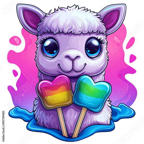 Cute alpaca with big eyes and heart shaped rainbow lollipops PNG. Whimsical animal illustration photo