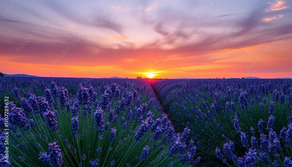 Obraz premium Lavender flowers bloom in a purple haze across a sun-kissed French meadow