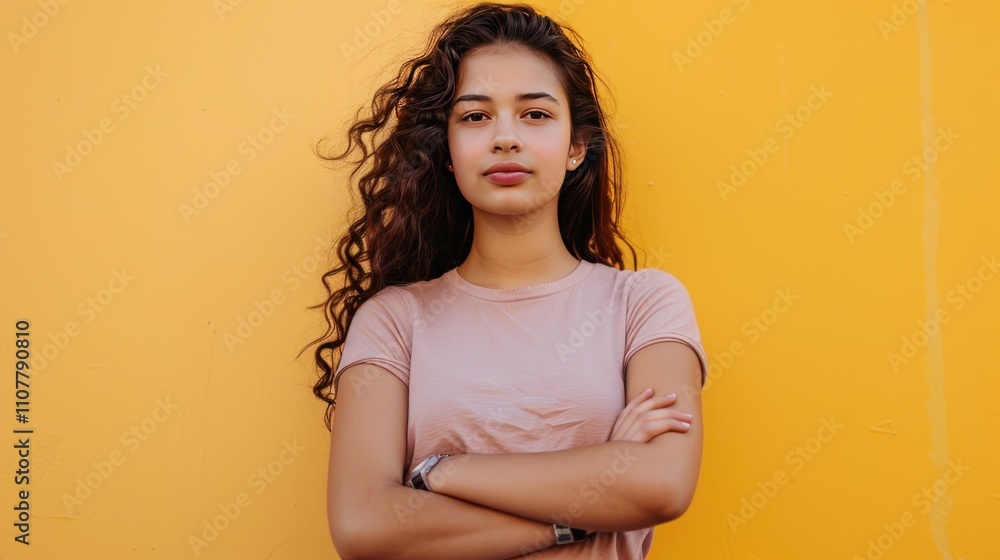 Obraz premium photograph of Confident young woman standing with her arms crossed on yellow background