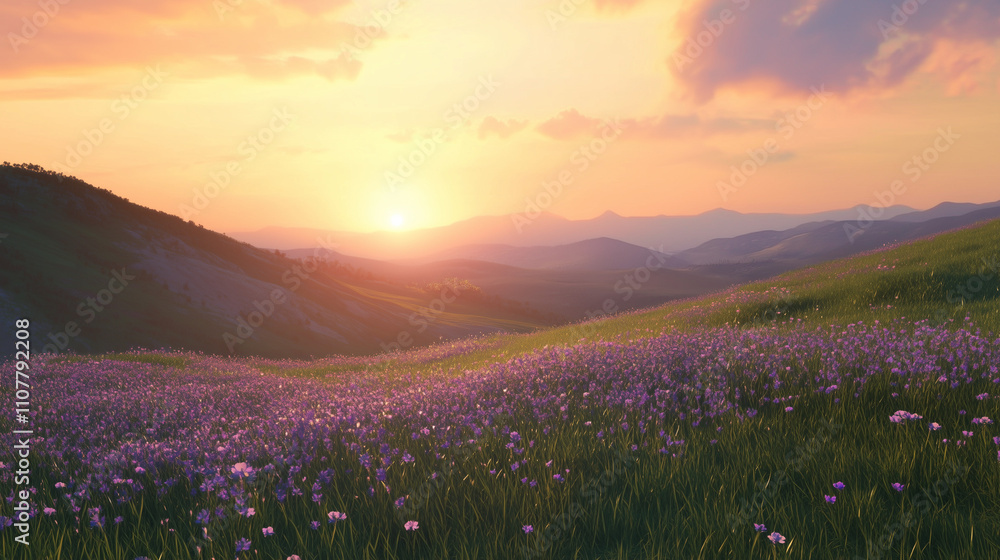 Obraz premium A magical landscape where rolling hills are covered in soft, glowing flowers in shades of pink, blue, and violet. The sky is a gradient of deep purple fading into soft orange, with a golden sun