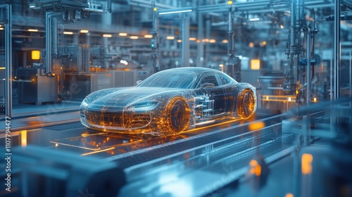 Futuristic car on assembly line, digital rendering.