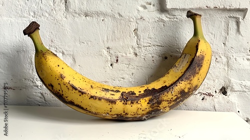 A peeled banana standing upright with its skin folded at the base on a white surface photo