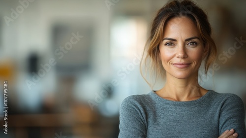 A confident woman smiling with arms crossed in a modern indoor setting. Free Download A confident woman smiling with arms crossed in a modern indoor setting. - GFXLoad