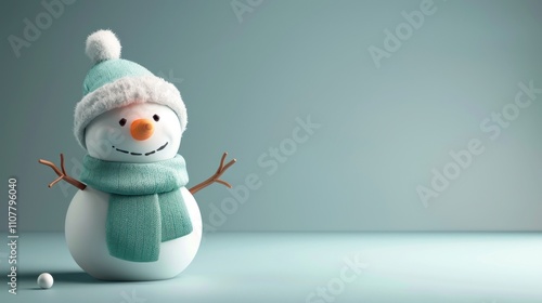 photograph of Cute 3D cartoon snowman on background with space for text.