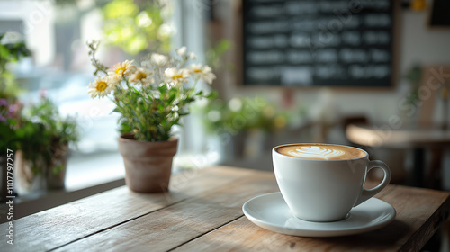 Wallpaper Mural A cozy café scene featuring a latte art coffee cup on a wooden table, with a flower pot and a menu board in the background Torontodigital.ca