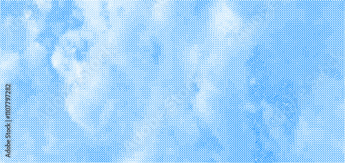 Halftone vector illustration of clouds on a light blue sky background. The design features hexagonal halftone patterns creating a modern and dynamic texture. Perfect for backgrounds, web design 