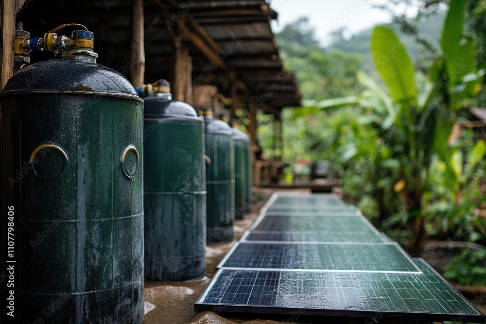 Obraz premium Rural energy Gas tanks and solar panels providing power in a remote village setting.