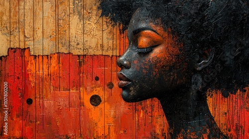 A stunning profile portrait of a Black woman showcasing her natural features. The background is an artful blend of orange tones, emphasizing her beauty. photo