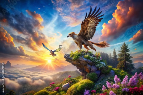 Surreal Encounter of a Majestic Hawk and Mystical Griffin in a Dreamlike Landscape with Ethereal Lighting and Fantastical Elements for an Enchanting Visual Experience photo