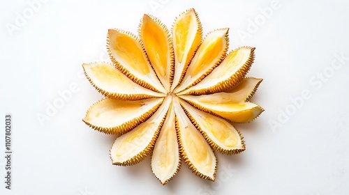 Artistic arrangement of durian segments creating a flower shape on a white background photo