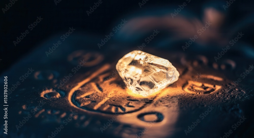 Glowing crystal on ancient runes illuminated in darkness Glowing crystal on ancient runes illuminated in darkness