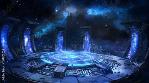 Fototapeta Naklejka Na Ścianę i Meble -  Futuristic space station platform with glowing portals and a nebula backdrop.