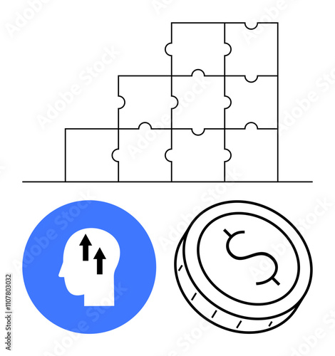 Head with upward arrows in blue circle, stackable puzzle blocks, coin with dollar sign. Ideal for financial planning, personal development, teamwork, business strategy, problem-solving, investment