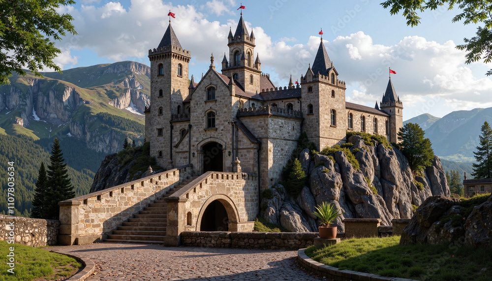 Fototapeta premium Majestic castle on a rocky hill surrounded by mountains and trees in a scenic landscape