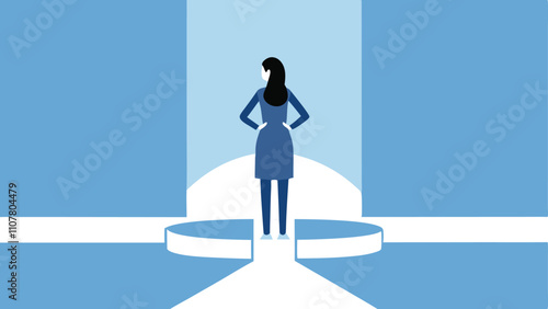 business directions challenge, confusion or decide options concept, businesswoman thinking and make business decisions