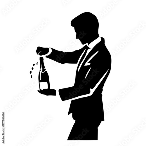 Silhouette of a man in a suit opening a champagne bottle, celebratory concept