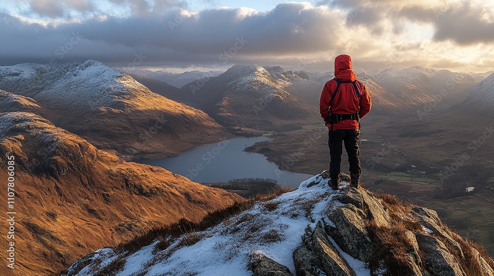 Obraz premium A person in a red jacket stands on a rocky outcrop overlooking a scenic mountain landscape.