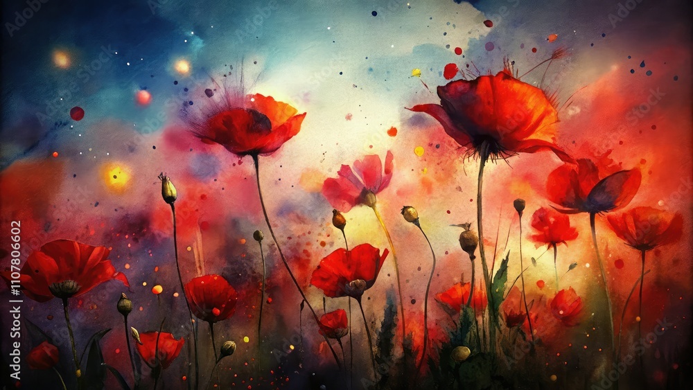 Flowing watercolor red poppies merge with a soft abstract background, captured in low light, creating an exquisite floral art piece for nature decor and artistic prints. Flowing watercolor red poppies merge with a soft abstract background, captured in low light, creating an exquisite floral art piece for nature decor and artistic prints.