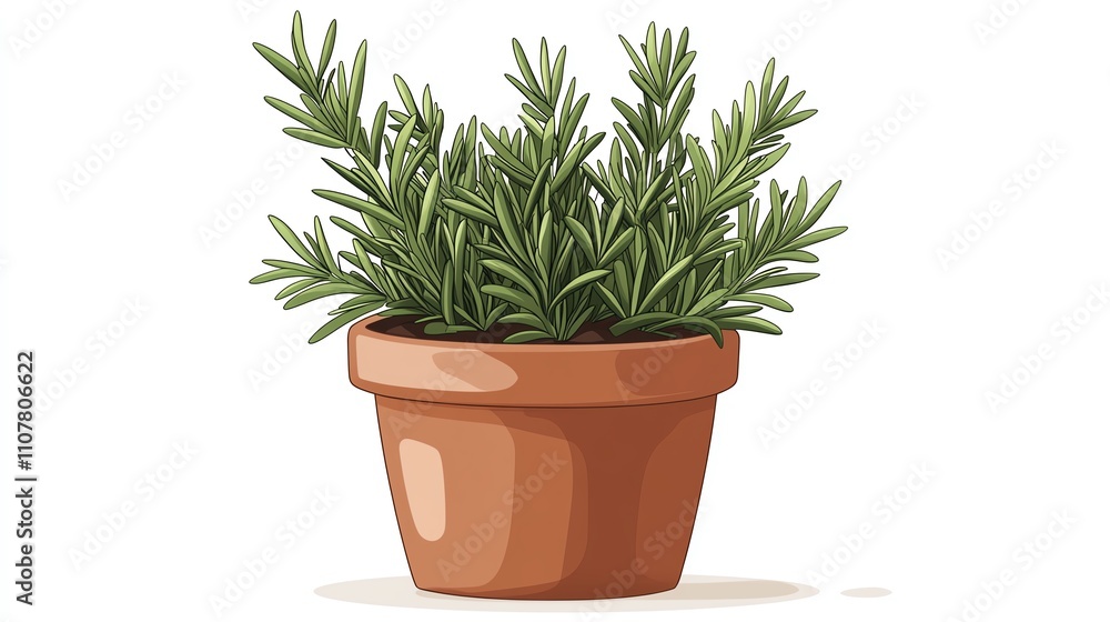 Fototapeta premium a 2D cartoon illustration of a potted rosemary plant, fresh and fragrant, white background--ar 16:9