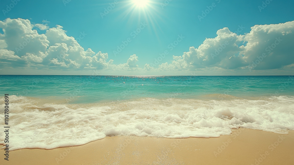 serene beach scene with gentle waves lapping at shore under bright sun. clear blue sky and fluffy clouds create tranquil atmosphere, perfect for relaxation