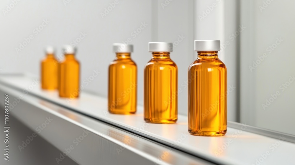 Row of amber glass bottles with silver caps on a clean surface. Row of amber glass bottles with silver caps on a clean surface.