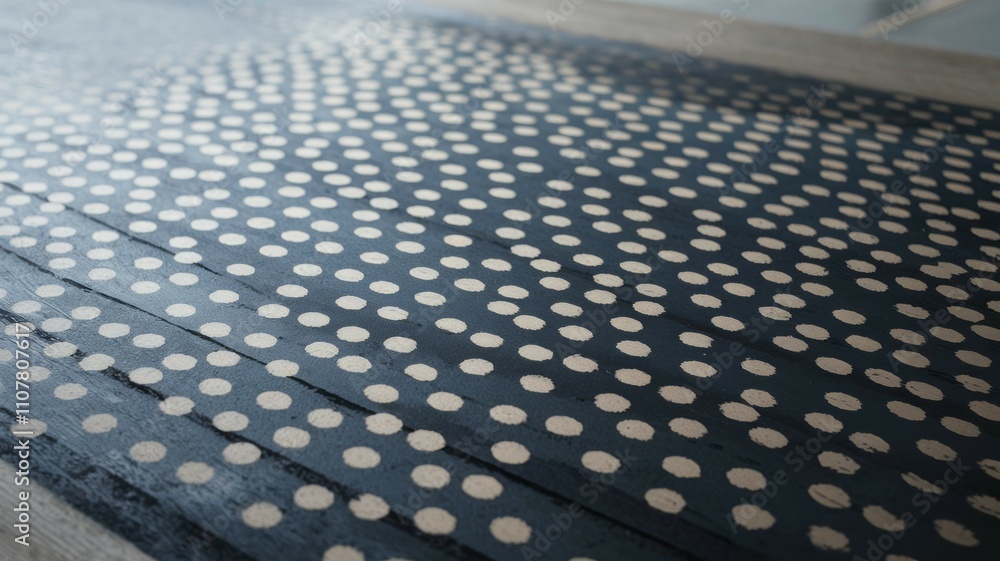 Naklejka premium Navy polka dot texture. Elegant navy blue background with subtle off-white polka dots creating a calming, rhythmic pattern. Subtle elegance.