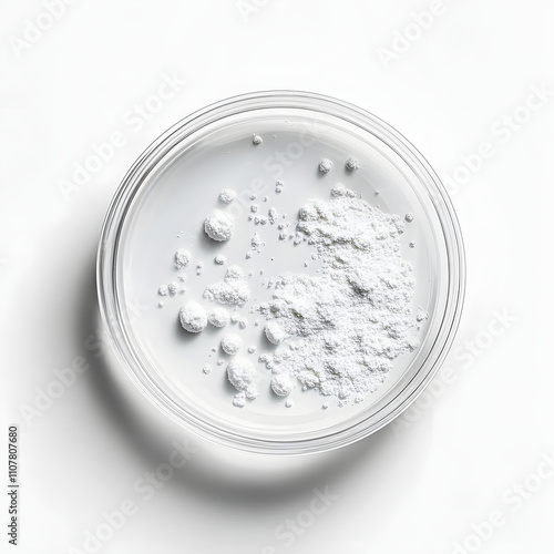 ultrafine white powder in a petri dish, scientific and minimalist look, with small shadow, seen from above, white background photo