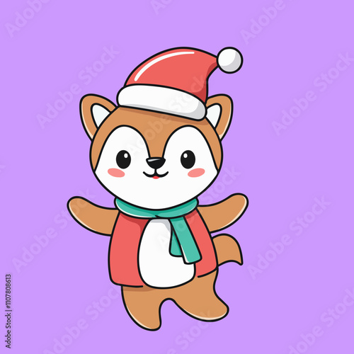 Cute Raccoon in Santa Hat Mittens Christmas Animal Cartoon Illustration