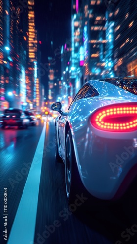 Fast white sports car driving through a vibrant city at night.