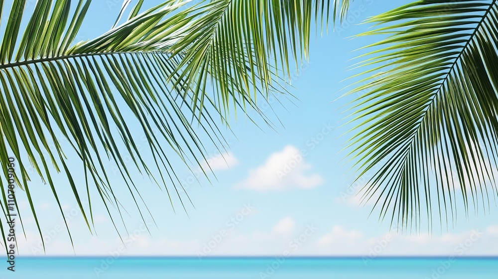 Fototapeta premium Palm leaves frame tranquil blue ocean and sky