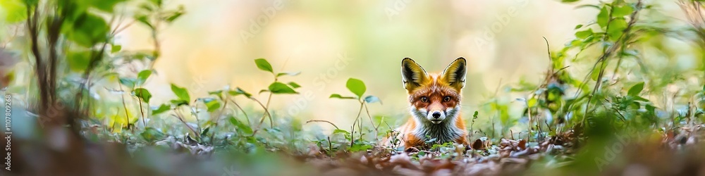 Fototapeta premium Fox peering through forest foliage, calm and curious
