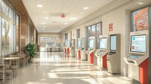 Sunlit hospital corridor with several digital kiosks and seating.