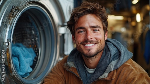 an adult male smiling and glancing at the camera is visible from inside the washing machin photo